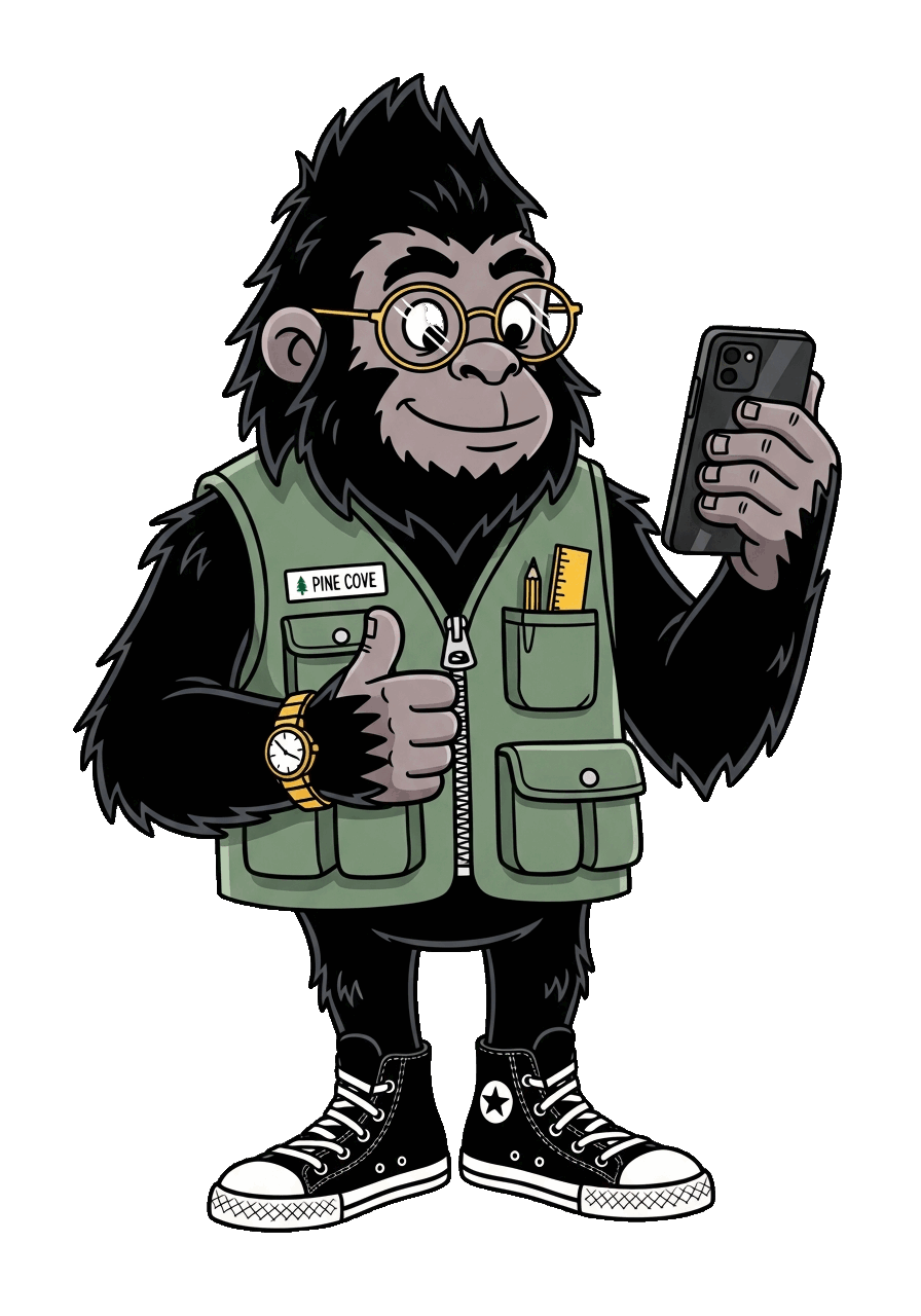 Eddie, Pine Cove's mascot, holding a phone