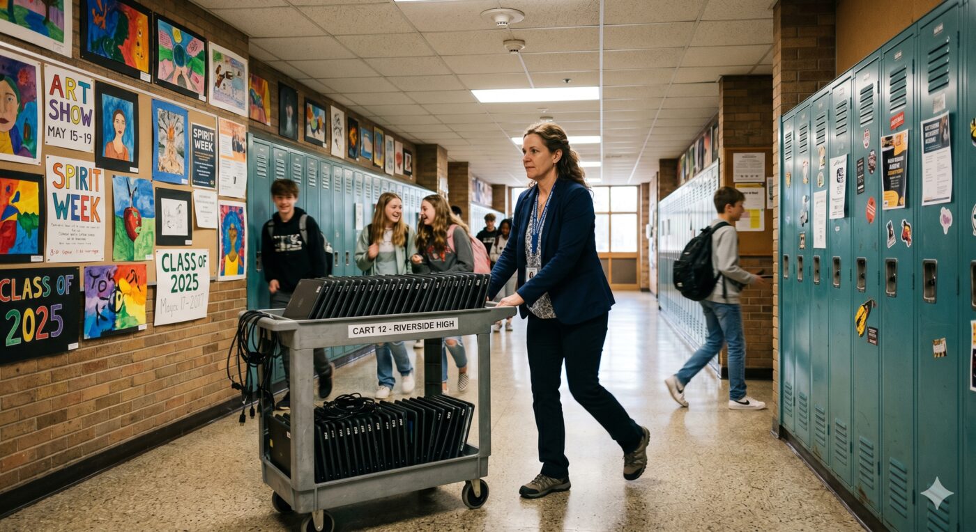 Pine Cove team member rolling a laptop charging cart through a busy school hallway lined with student artwork and lockers
